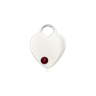 Sterling Silver Heart Pendant with a 3mm Garnet Swarovski stone on an 18-inch Sterling Silver Light Curb Chain Engraved Catholic Saint Jewelry