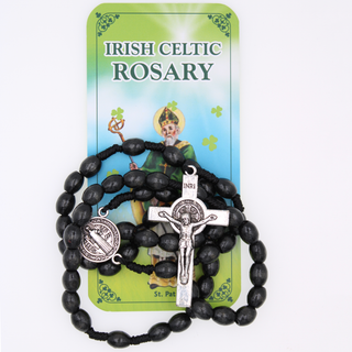 Irish Celtic Saint Benedict Rosary with Brown Oval Plastic Beads with Silver Tone Center and Crucifix