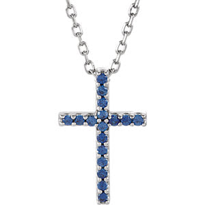 14K White Blue Sapphire Cross 16" Necklace
