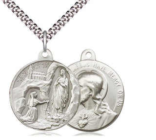 Sterling Silver Our Lady of Lourdes Pendant on an 24-inch Light Rhodium Heavy Curb Chain