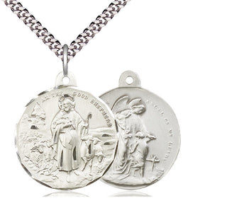Sterling Silver Good Shepherd Pendant on an 24-inch Light Rhodium Heavy Curb Chain
