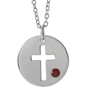 Sterling Silver Imitation Garnet Pierced Cross Disc 16-18" Necklace