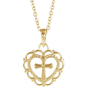 14K Gold Youth Heart with Cross 16-18" Necklace