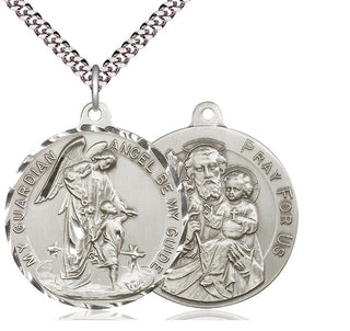 Sterling Silver Guardian Angel Pendant on an 24-inch Light Rhodium Heavy Curb Chain