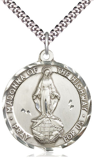 Sterling Silver Madonna of the Highway Pendant on an 24-inch Light Rhodium Heavy Curb Chain