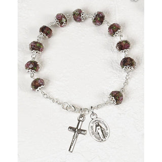 Purple Crystal Bracelet with Pink Rose Painted Beads