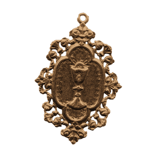 Vintage Bronze Eucharistic Chalice Medal in Lace Frame