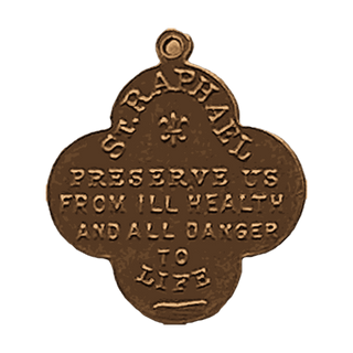 Vintage Bronze St. Raphael Quatrefoil Medal — reverse