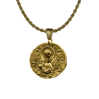 Vintage Yellow Bronze Madonna and Fleur-de-Lis Hammered Medal