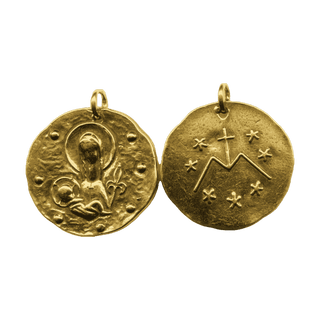 Vintage Yellow Bronze Madonna and Fleur-de-Lis Hammered Medal