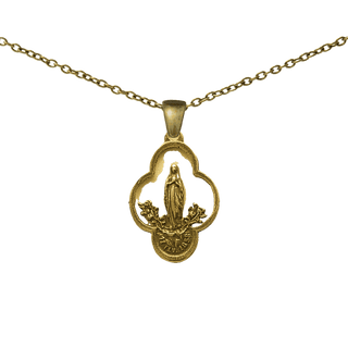 Vintage Yellow Bronze Lourdes Medal, Our Lady with Roses