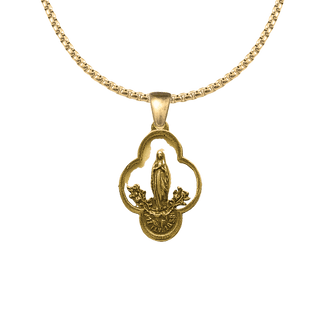 Vintage Yellow Bronze Lourdes Medal, Our Lady with Roses