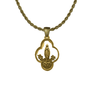 Vintage Yellow Bronze Lourdes Medal, Our Lady with Roses