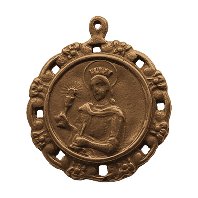 Vintage Bronze St. Barbara Medal with Floral Border