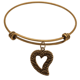 Vintage Bronze Openwork Heart Charm Bangle Bracelet