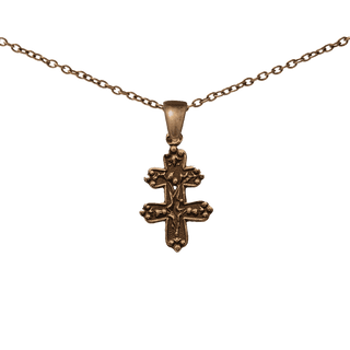 Vintage Bronze Tiny Cross of Lorraine with Flowers