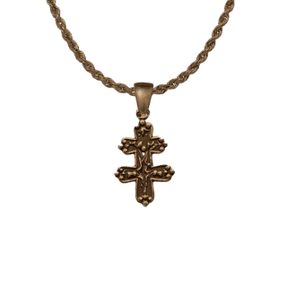 Vintage Bronze Tiny Cross of Lorraine with Flowers