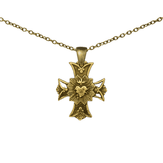 Vintage Yellow Bronze Sacred Heart Cross with Rays