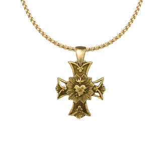 Vintage Yellow Bronze Sacred Heart Cross with Rays