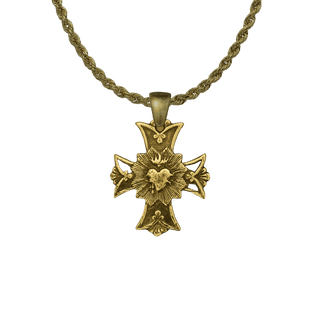 Vintage Yellow Bronze Sacred Heart Cross with Rays