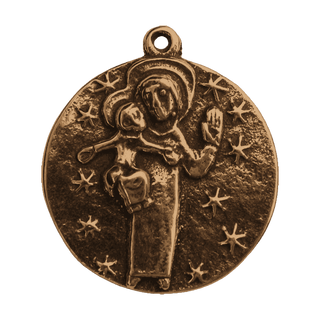 Vintage Bronze Folk Madonna and Child Medal with Stars