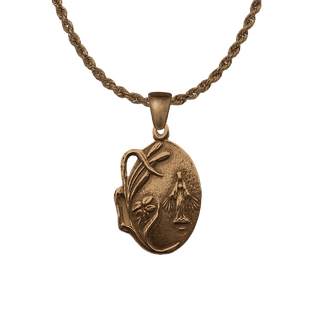 Vintage Bronze Miraculous Medal with Reeds and Flowers
