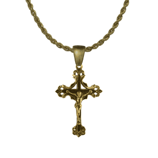 Vintage Yellow Bronze Flower Bud Openwork Crucifix
