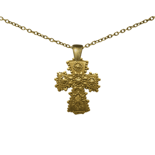 Vintage Yellow Bronze Small Curved Cross with Star Rosettes
