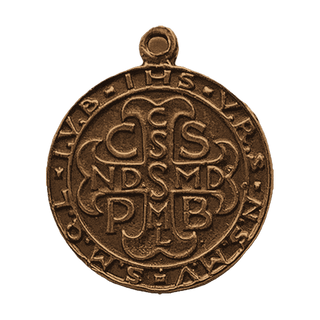 Vintage Bronze Hooded St. Benedict Medal with Cross Reverse — reverse