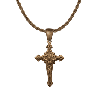 Vintage Bronze Double-Sided Crucifix with Ferns and IHS