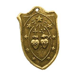 Vintage Yellow Bronze St. Michael Shield Medal, Two Hearts — reverse