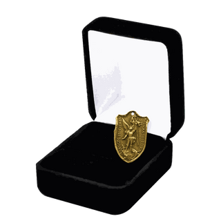 Vintage Yellow Bronze St. Michael Shield Medal, Two Hearts