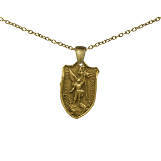 Vintage Yellow Bronze St. Michael Shield Medal, Two Hearts