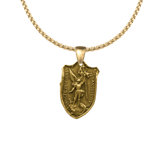 Vintage Yellow Bronze St. Michael Shield Medal, Two Hearts