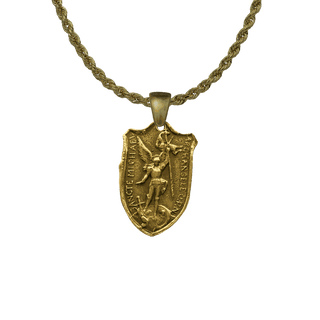 Vintage Yellow Bronze St. Michael Shield Medal, Two Hearts
