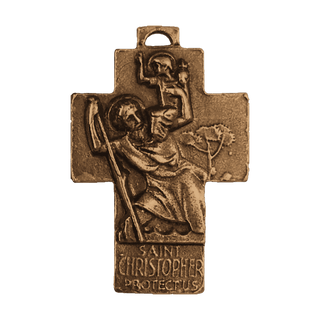Vintage Bronze Holy Family and St. Christopher Cross — reverse