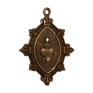 Vintage Bronze Sacred Heart Marquise Medal with Fleur-de-Lis - reverse