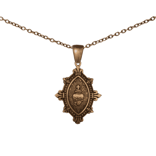 Vintage Bronze Sacred Heart Marquise Medal with Fleur-de-Lis