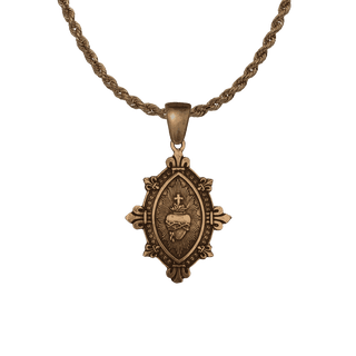 Vintage Bronze Sacred Heart Marquise Medal with Fleur-de-Lis