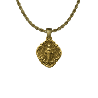Vintage Yellow Bronze Miraculous Medal in a Scalloped Frame