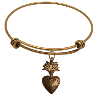 Vintage Bronze Flaming Heart Milagro Bangle Bracelet