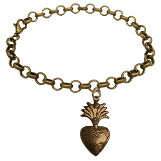 Vintage Bronze Flaming Heart Milagro Bracelet