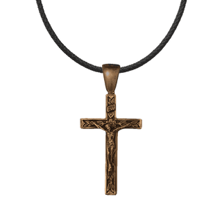 Vintage Bronze Crucifix with Leaves and Flowering Stem