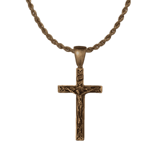 Vintage Bronze Crucifix with Leaves and Flowering Stem