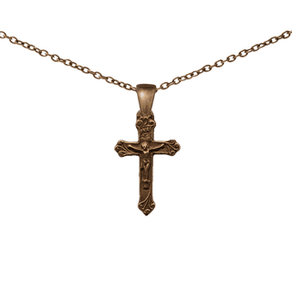 Vintage Bronze Christening Crucifix with Leafy Ends