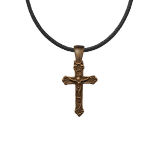 Vintage Bronze Christening Crucifix with Leafy Ends