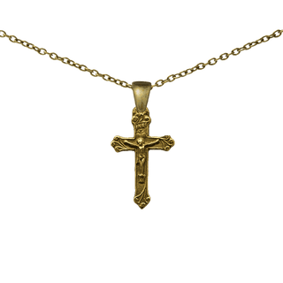 Vintage Yellow Bronze Christening Crucifix with Leafy Ends