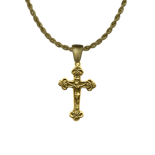 Vintage Yellow Bronze Christening Crucifix with Fleur-de-Lis