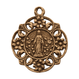 Vintage Bronze Our Lady of Grace Medal with Flower Border