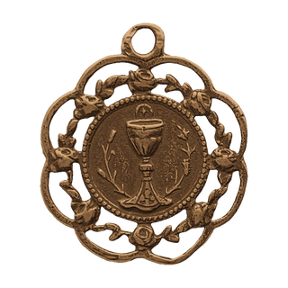 Vintage Bronze Eucharistic Chalice Medal in Rose Frame